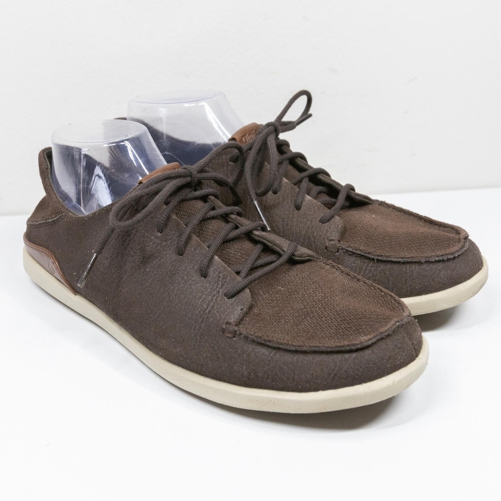 OLUKAI Manoa Leather Drop-In Heel Lace Up Sneakers Dark Wood Brown Sz 9